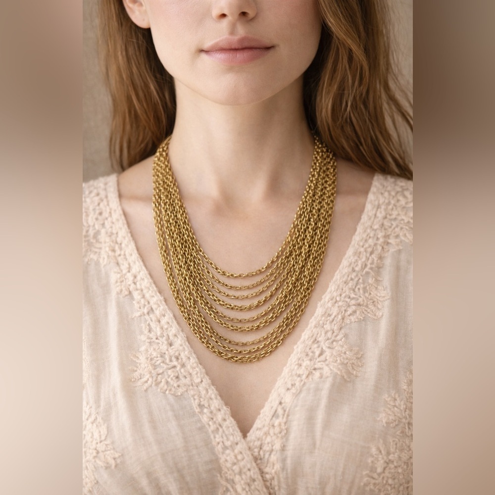 Vintage Gold Tone Multi-Strand Chain Necklace – Layered Draped Statement